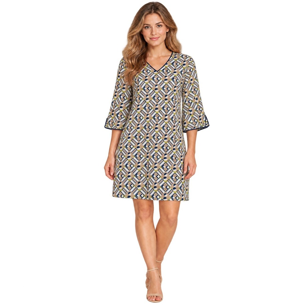 J.McLaughlin Shift Dress Women's Size Medium Navy Tan Geometric Bell Sleeve